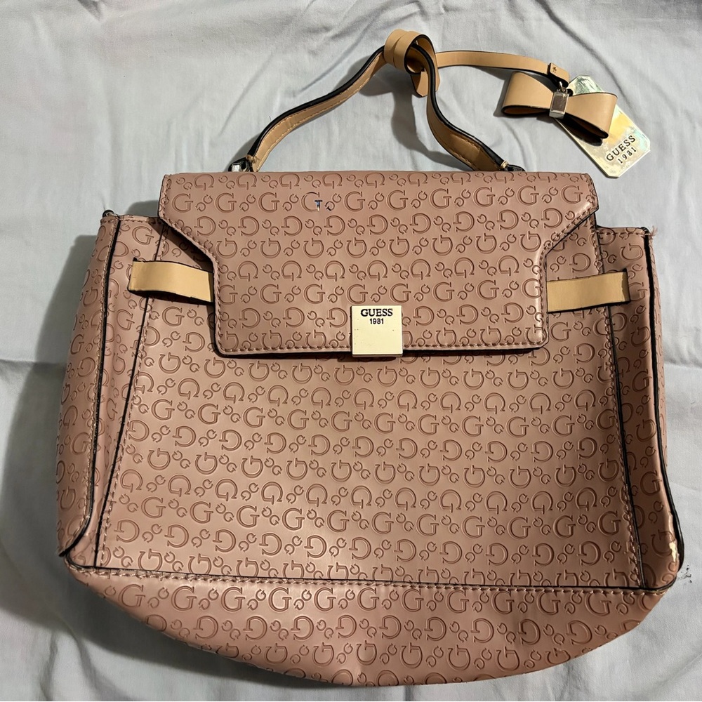 Guess Blush Pink Logo-Print Satchel with Gold Accent